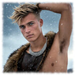 Portrait, Odin´s Sohn mit blauen Augen und Fellumhang im Schneegestöber.