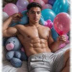 Twink halb nackt zwischen Kissen liegend, Short mit Sehnsucht im Stoff.