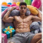 Twink halb nackt zwischen Kissen liegend, Short mit sündiger Auswölbung.