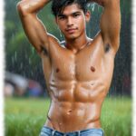 Twink mit durchtrainiertem freien Oberkörper im Regen stehend, Hände über dem Kopf.