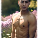 Twink mit durchtrainiertem freien Oberkörper in die Kamera blickend.
