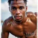Portrait. Dunkelhäutiger Twink mit nassem Oberkörper leicht nach vorn gebeugt.