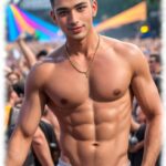 Lächelnder Twink mit freiem Oberkörper und Händen in den Taschen.