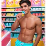 Junger Mann mit nackten Oberkörper lutscht Lolli, verspieltes Relief in den Shorts.