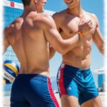 Sportliche Twinks mit freiem Oberkörper beim Volleyball.
