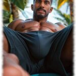 Breitbeinig sitzender Mann mit massivem Talisman des Begehrens in den Shorts.