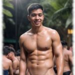 Asiatischer Mann auf Party, nackt im Wald stehend, zeigt seinen Wegweiser ins Traumland.
