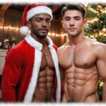 Dunkelhäutiger und asiatischer Mann, halb nackt in weihnachtlichem Ambiente stehend.