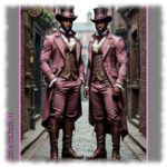 Zwei dunkelhäutige Männer mit Zylinder im pinken Steam-Punk-Kostüm auf Straße stehend.