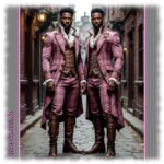 Zwei dunkelhäutige Männer im pinken Steam-Punk-Kostüm auf Straße stehend.