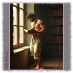 Bärtiger Mann mit behaartem Oberkörper am Fenster stehend, Buch in der Hand.