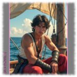 Portrait, Pirat auf Deck sitzend, Lederstulpen, blauer Himmel und Meer im Hintergrund.