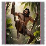 Tarzan auf Liane schaukelnd, Lendenschurz verdeckt seine Rosenranke der Leidenschaft.