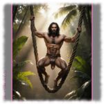 Tarzan auf Liane schaukelnd, Lendenschurz verdeckt seine geheimnisvolle Sonne.