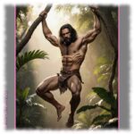 Tarzan an Baum und Liane hängend, Lendenschurz um den Hüften.