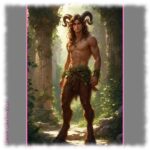 Junger Satyr vor Tempel stehend, Efeu um den Hüften, Bacchusfackel von Fell bedeckt.