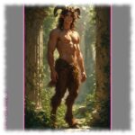 Junger Satyr vor Tempel stehend, Juwel der Sünde unter Fell verborgen.