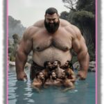 Kräftiger Riese im See stehend, Männer versammeln sich vor seinem haarigen Bauch.