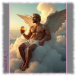Blonder Engel mit weißen Flügeln auf Wolke sitzend, Bierglas in der Hand.