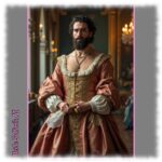 Bartträger in opulentem Kleid. Hände berühren sich verspielt.