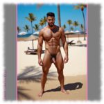 Bärtiger Mann am Strand, präsentiert seinen Lebensschlüssel, Palmen im Hintergrund.