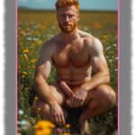 Ginger Men auf Blumenwiese hockend, Hand an den Fruchtknollen und der erhabenen Statue.