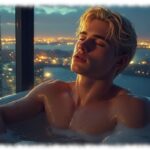 Blonder Twink im Jacuzzi liegend, Portrait, Skyline im Hintergrund.