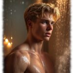 Porträit, blonder Twink unter Wasserstrahl mit nasser Haut.