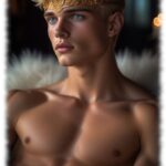 Portrait, blonder Jüngling, blaue Augen, goldenes Stirnband, freier Oberkörper auf weißem Fell liegend.