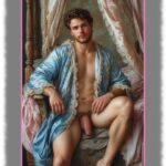 Junger Mann im hellblauen Satin-Gewandt, Eros-Schwert und drängende Schätze liegen auf Decke im Sessel.