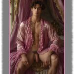 Twink in rosa Rüschen-Gewandt unter rosa Baldachin, sein Lustpendel hängt frei.