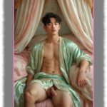 Asiatischer Twink, unter rosa Baldachin sitzend, leicht geöffnetes Gewand macht Platz für die Knospenfeder.