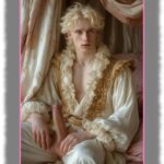 Blonder Jüngling im Rüschen-Gewandt, Hände an seinem aufgerichteten Kelch der Lust.