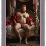 Sitzender Ginger Men, rund, reizvoll mit Vollbart, unter Baldachin, zeigt seine Bacchusfackel.