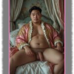 Sitzender, asiatischer Mann, rund und reizvoll, Lustpendel und Glückskugeln ruhen auf weißem Laken.