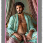 Bärtiger Mann, Brust- und Bauchbehaarung, grünes Gewandt gibt Blick auf sein Lustpendel frei.