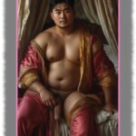Asiatischer Mann mit schwerem Körper, nackt, rotes Satin-Gewandt, Hand ruht an seinem Lustkelch.
