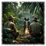 Expedition im Urwald, Eingeborene im Hintergrund Lagerfeuer, küssend mit ausgeprägten Glutzeigern.