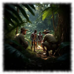 Expedition im Urwald, Eingeborene im Hintergrund nackt am Lagerfeuer,