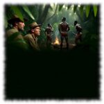 Expedition im Urwald, Eingeborene im Hintergrund am Feuer mit massiven eisernen Zeptern,