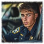 Portrait, Rookie in Uniform im Streifenwagen sitzend.