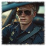 Portrait, Rookie mit Sonnenbrille in Uniform im Streifenwagen sitzend.
