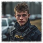 Portrait, Rookie in Uniform und Schussweste vor Streifenwagen stehend.