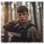 Portrait, Rookie in Felddienst-Uniform und Schussweste im Wald stehend.