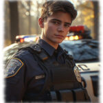 Portrait, Rookie in Uniformjacke und Schussweste an Streifenwagen stehend.
