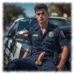 Junger Cop an Streifenwagen gelehnt, das aufgerichtete Verlangen und die Lebensperlen aus geöffneter Hose.