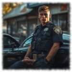 Junger Cop an Streifenwagen angelehnt hält seine glühende Lanze der Lust in der Hand.