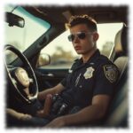 Rookie mit Sonnenbrille im Streifenwagen, die aufsteigende Säule und die frechen Brüder drängen aus offener Hose.