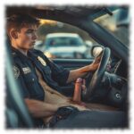 Behaarter junger Cop, eine Hand am Lenkrad, die andere auf Oberschenkel mit massiver erhabener Statue.