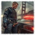 Junger Cop am Streifenwagen vor Golden Gate Bridge, geöffnete Hose lässt den aufstrebenden Titan frei.